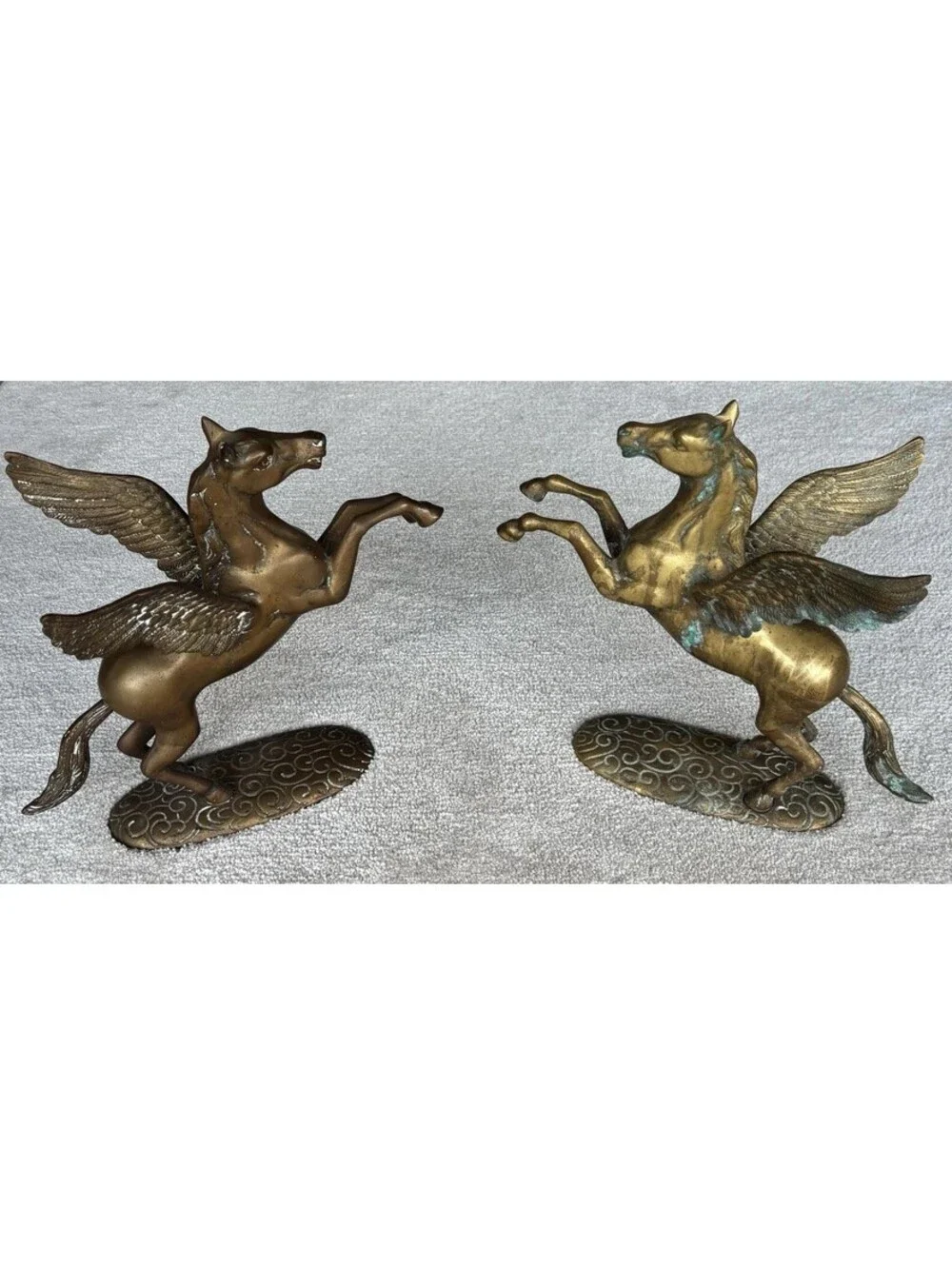 Pair of Pegasus On A Cloud Bookends 12 Inch Brass and Bronze Winged Horse Statue